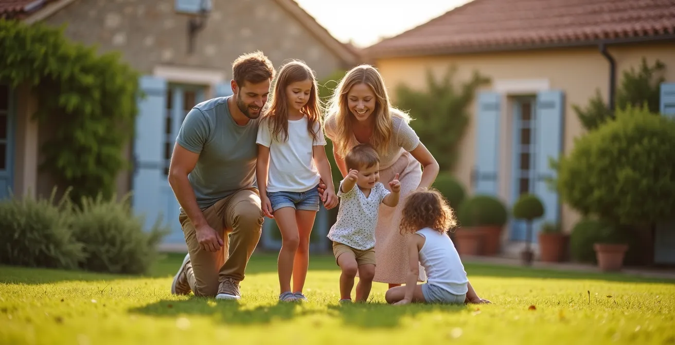 Couple avec enfants visitant le jardin d'une maison traditionnelle