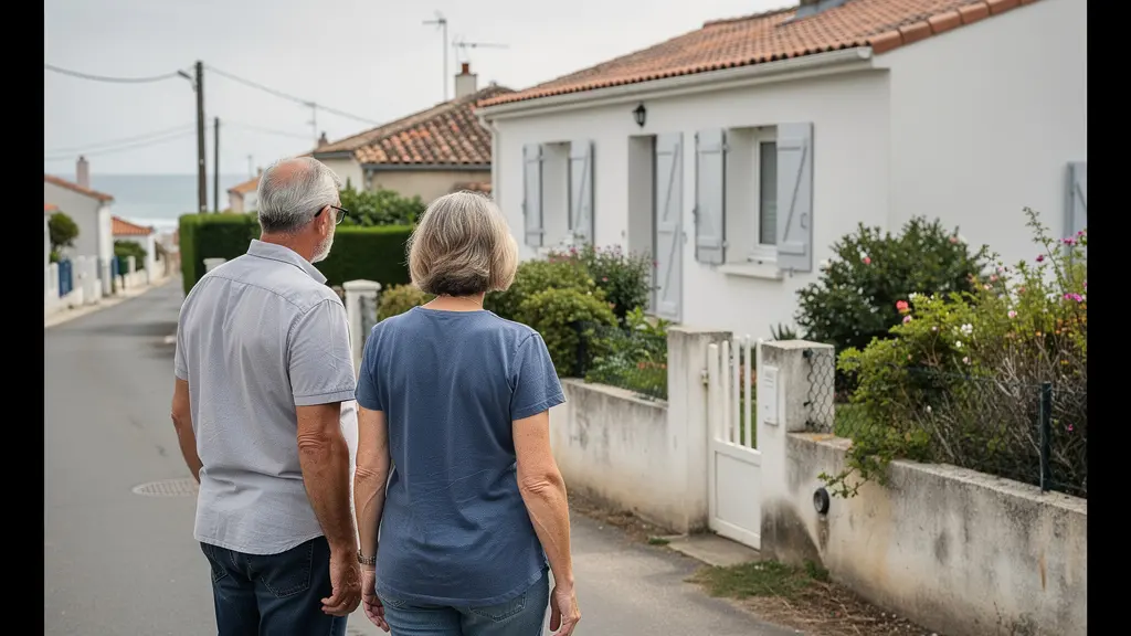 Couple mature visitant une maison de plain-pied vendéenne avec jardin