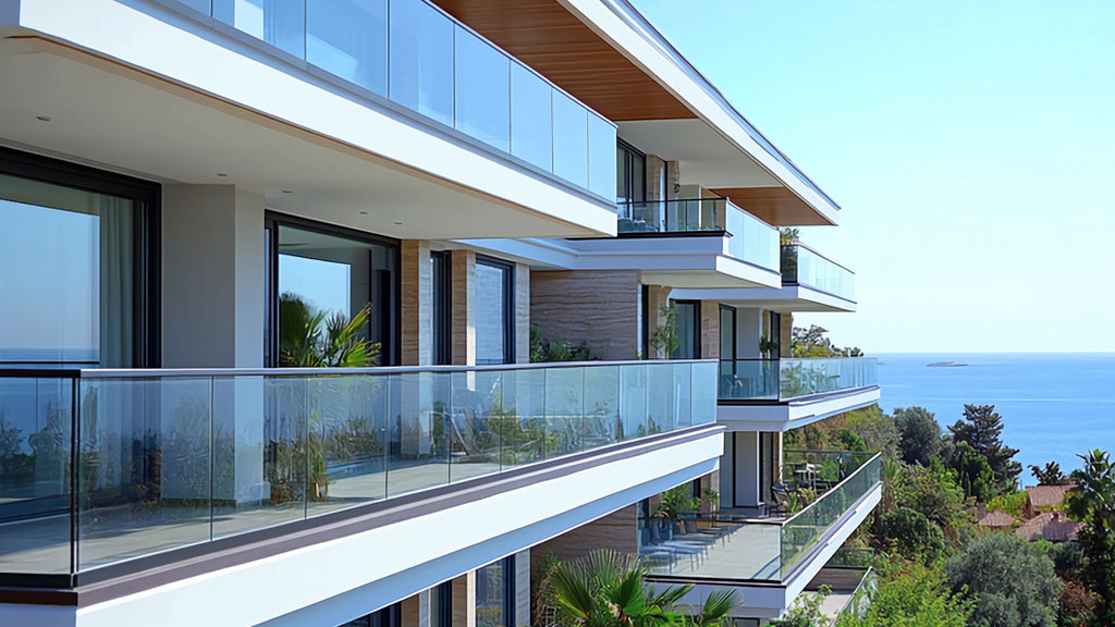 Salon lumineux d'un appartement à Rosas avec vue mer depuis baie vitrée