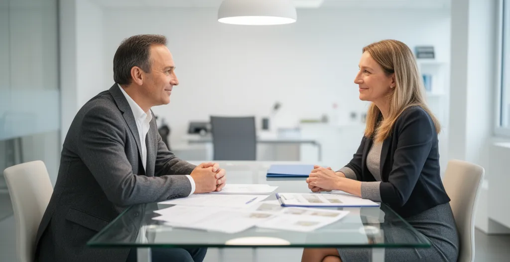 Discussion entre un acheteur et un conseiller immobilier dans une agence