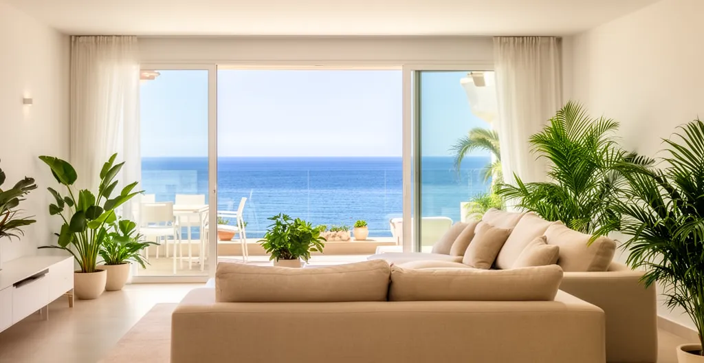 Salon lumineux d'un appartement à Rosas avec vue mer depuis baie vitrée