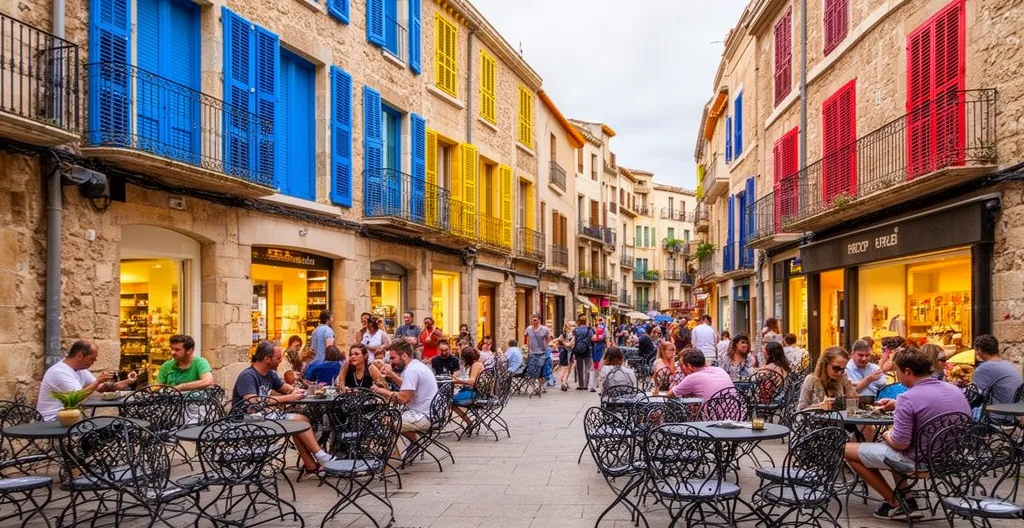 Rue commerçante piétonne du centre-ville de Rosas avec terrasses de cafés