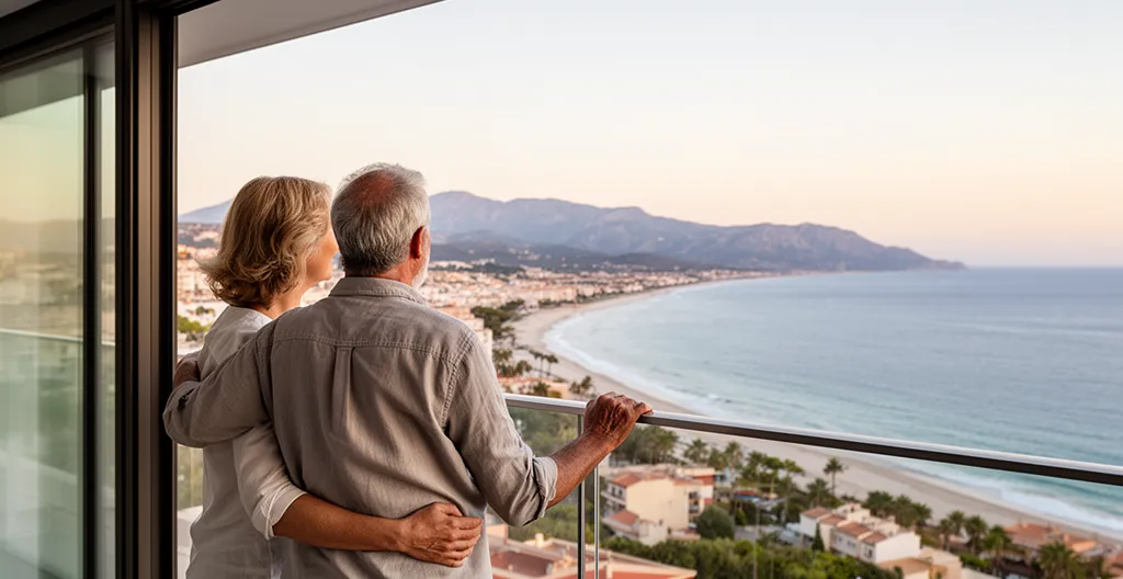 Couple observant la baie de Roses depuis une terrasse d'appartement en Costa Brava