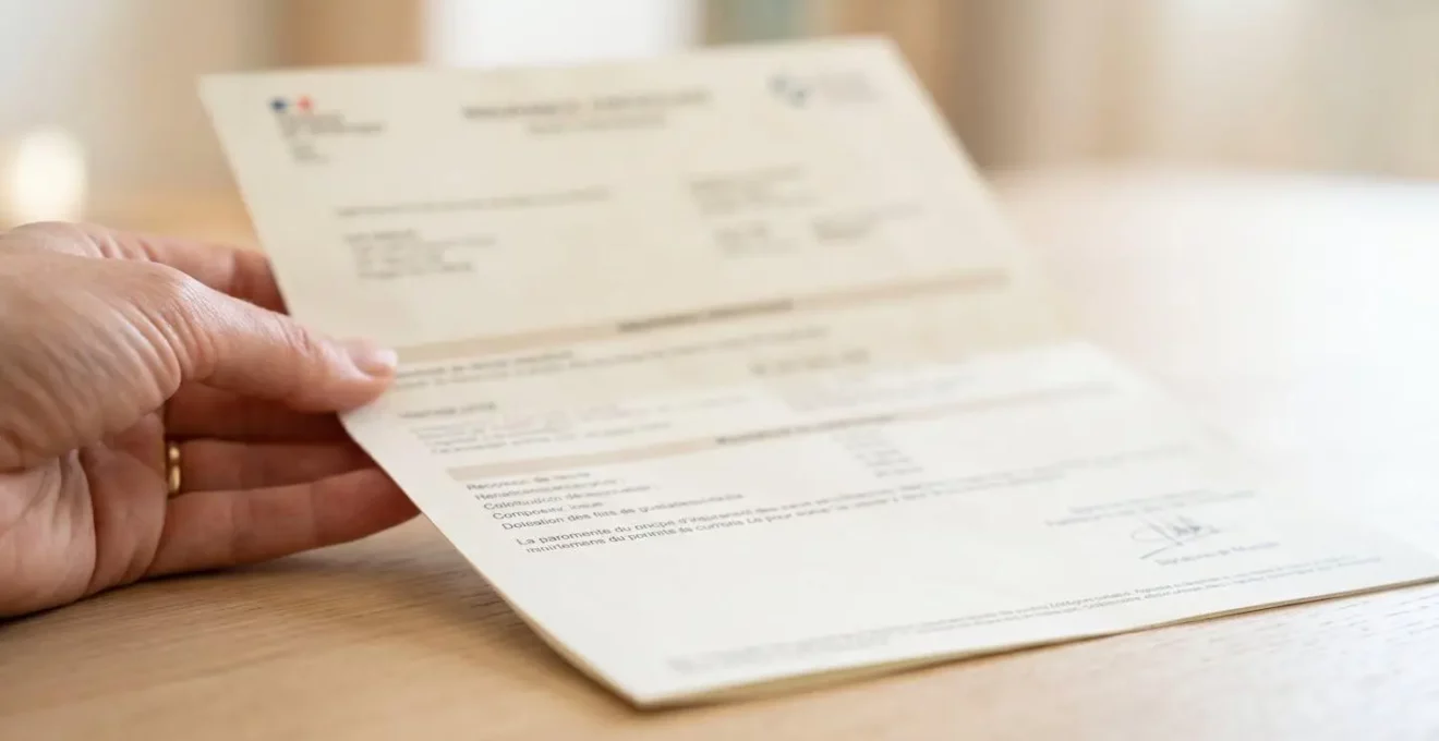 Gros plan sur une attestation d'assurance habitation tenue par une main, posée sur un bureau moderne avec lumière naturelle