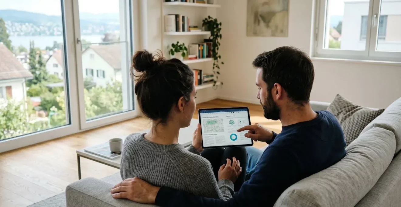Un couple vu de trois-quarts consulte ensemble une tablette dans un salon lumineux avec grandes fenêtres