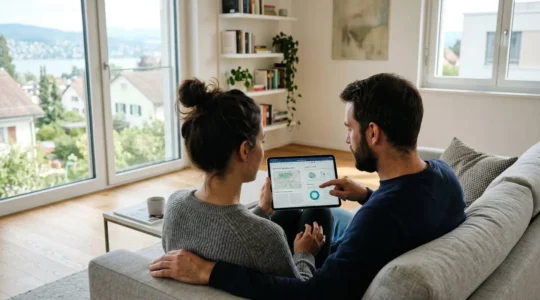 Un couple vu de trois-quarts consulte ensemble une tablette dans un salon lumineux avec grandes fenêtres