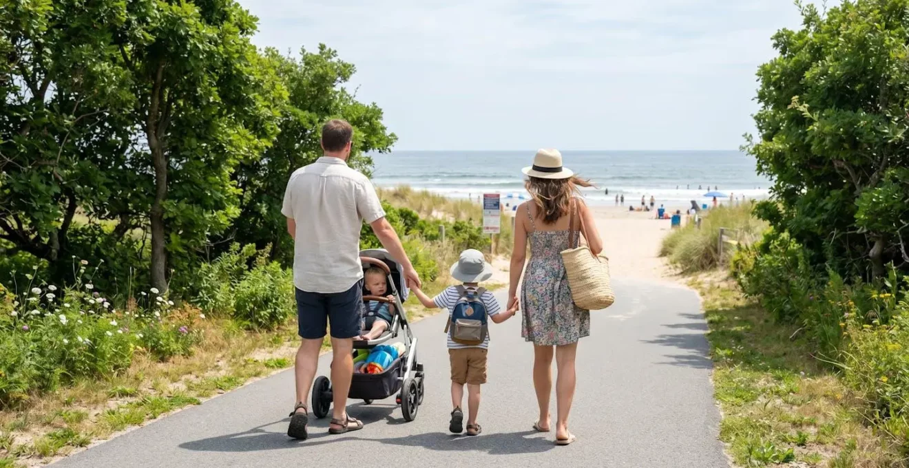 Une famille avec deux jeunes enfants et une poussette marchant sur un chemin piétonnier ombragé en direction de la plage