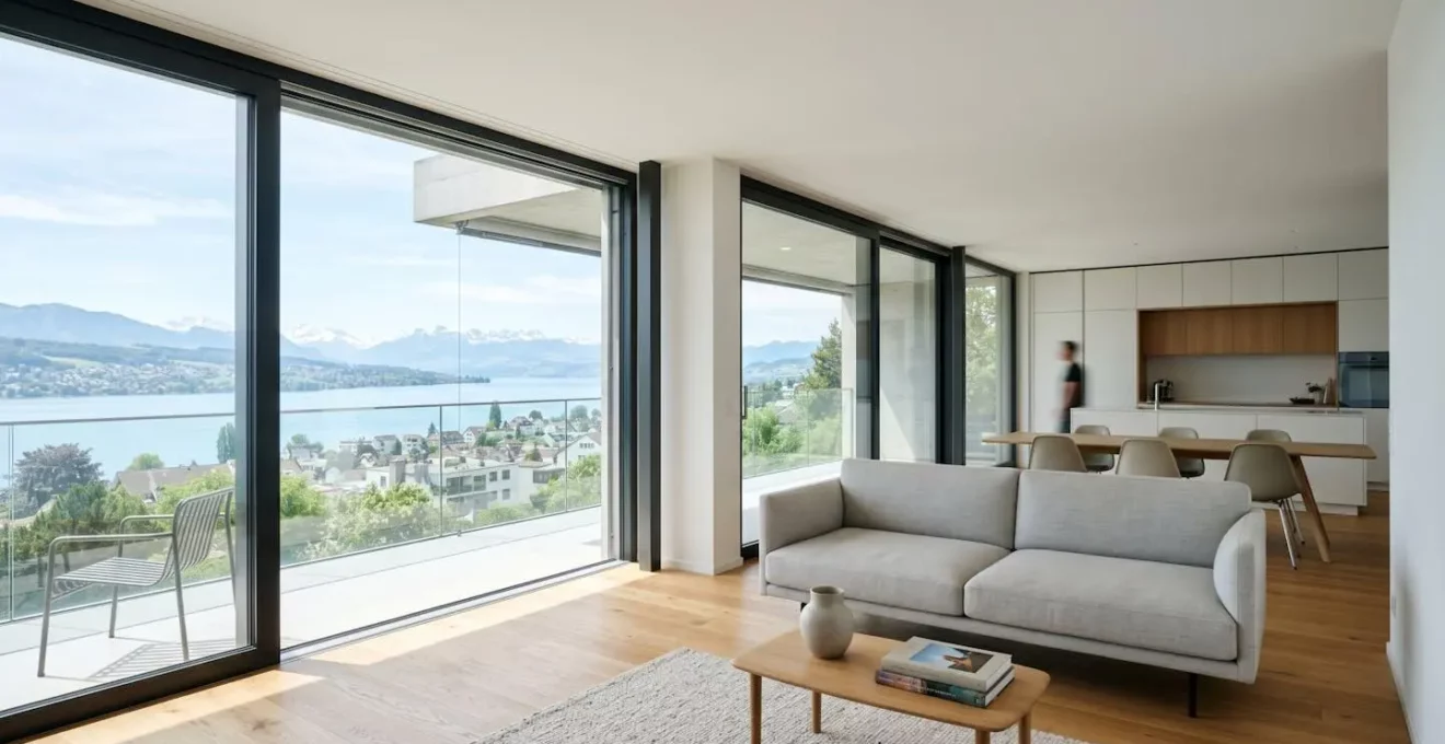 Vue grand angle d'un salon contemporain lumineux avec grandes baies vitrées donnant sur un paysage suisse, mobilier moderne épuré