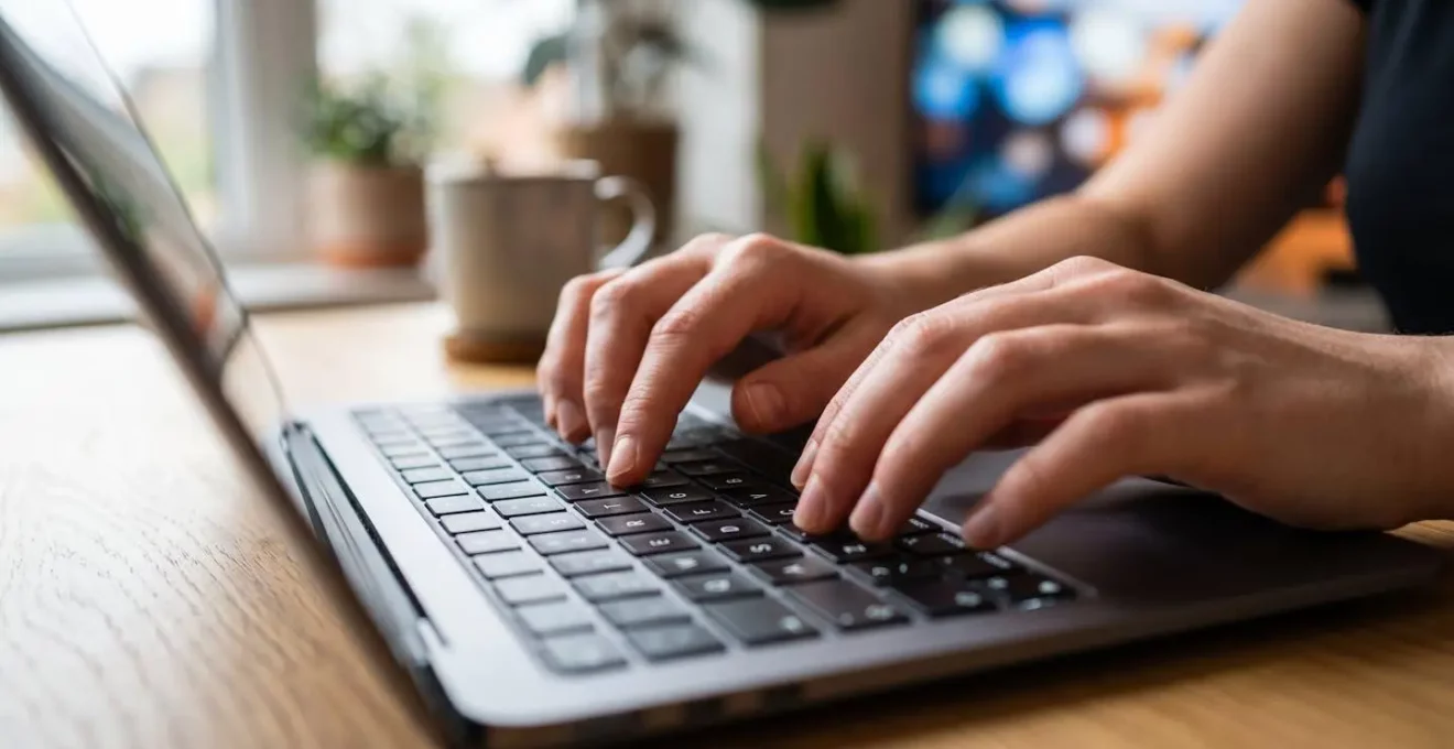 Gros plan sur des mains tapant sur un clavier d'ordinateur portable argenté posé sur un bureau en bois clair