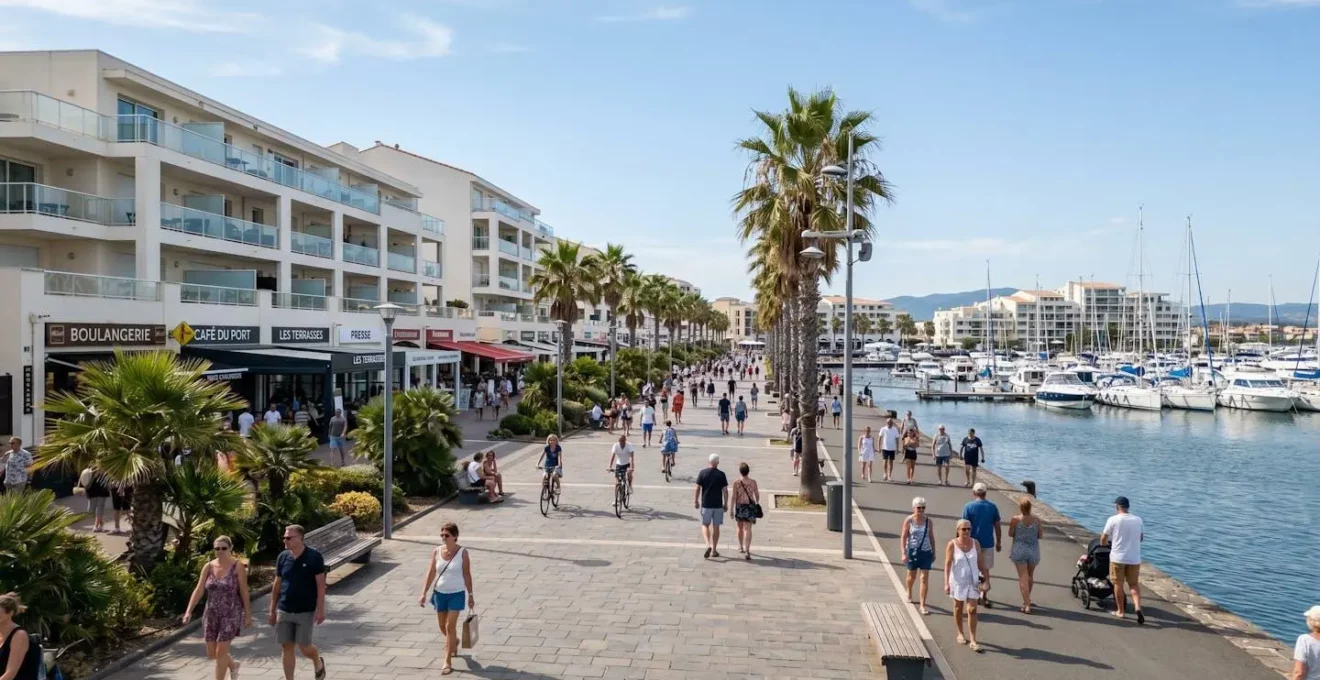 Promenade piétonne en front de mer au Cap d'Agde avec immeubles modernes et végétation méditerranéenne sous un ciel bleu