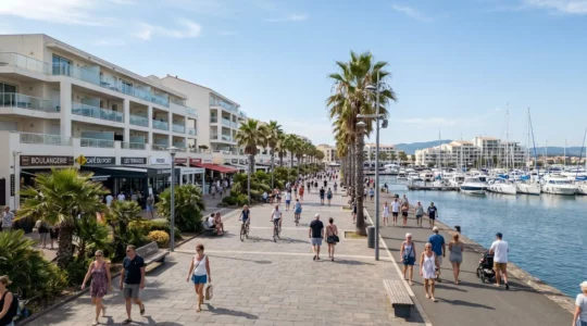 Promenade piétonne en front de mer au Cap d'Agde avec immeubles modernes et végétation méditerranéenne sous un ciel bleu