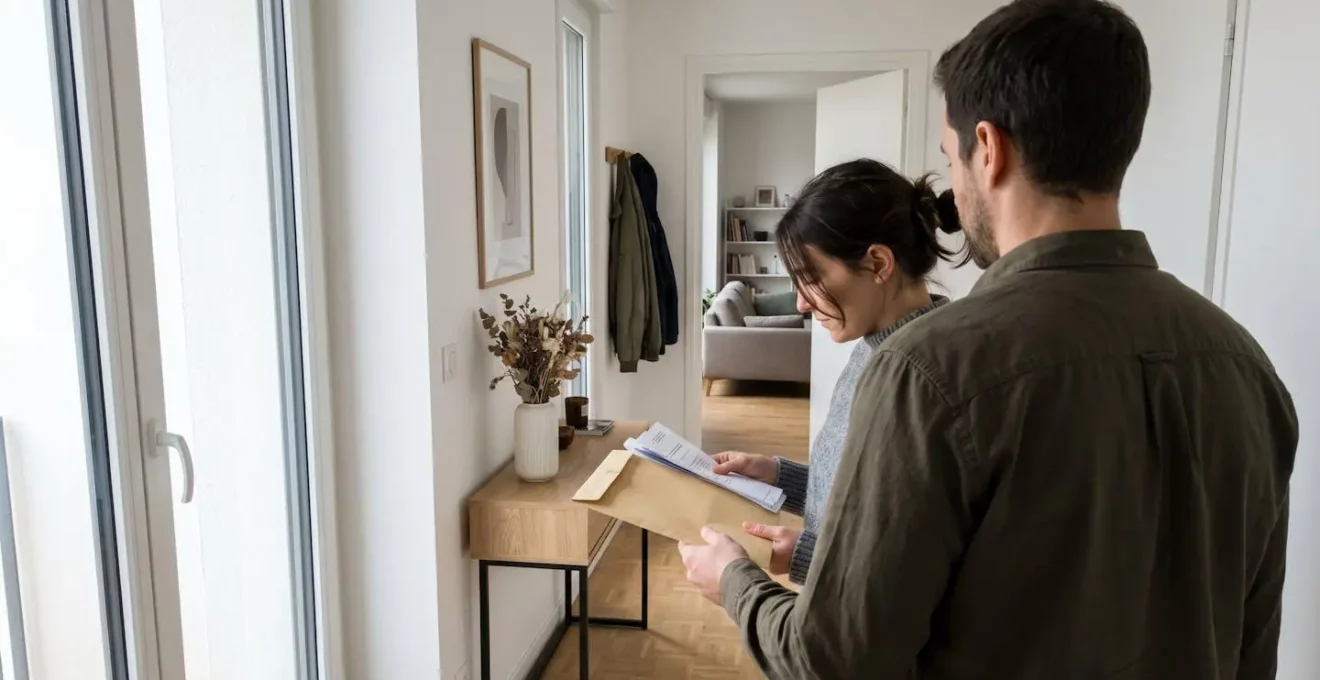 Deux personnes échangent des documents dans l'entrée lumineuse d'un appartement meublé contemporain lors d'une remise de clés