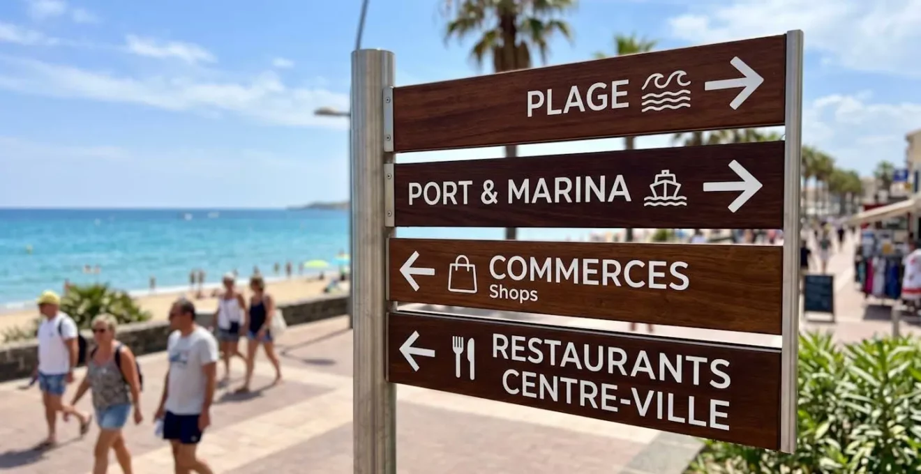Gros plan d'un panneau directionnel moderne indiquant la plage et les commerces avec des pictogrammes piétons