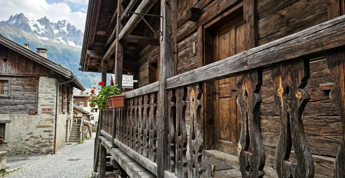 Détail architectural d'un chalet savoyard traditionnel montrant balcon sculpté en bois naturel et éléments caractéristiques de l'architecture alpine