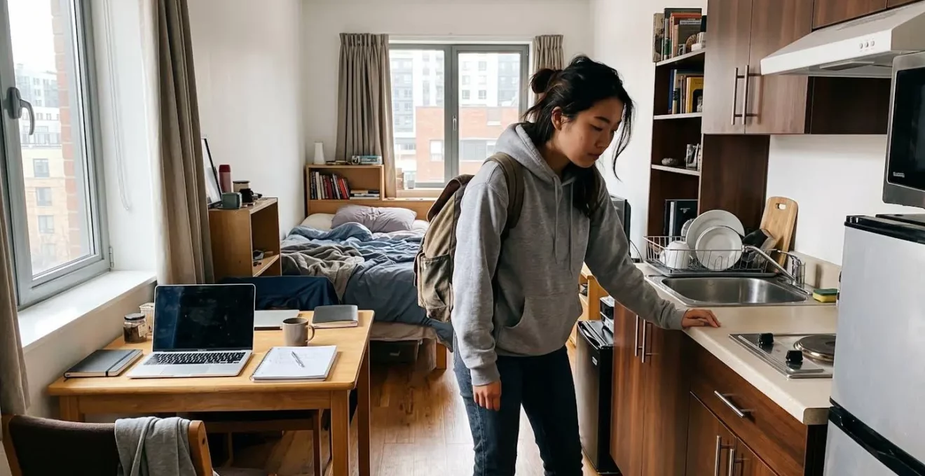 Un étudiant visite un studio meublé, observant les équipements et l'aménagement du logement avec attention