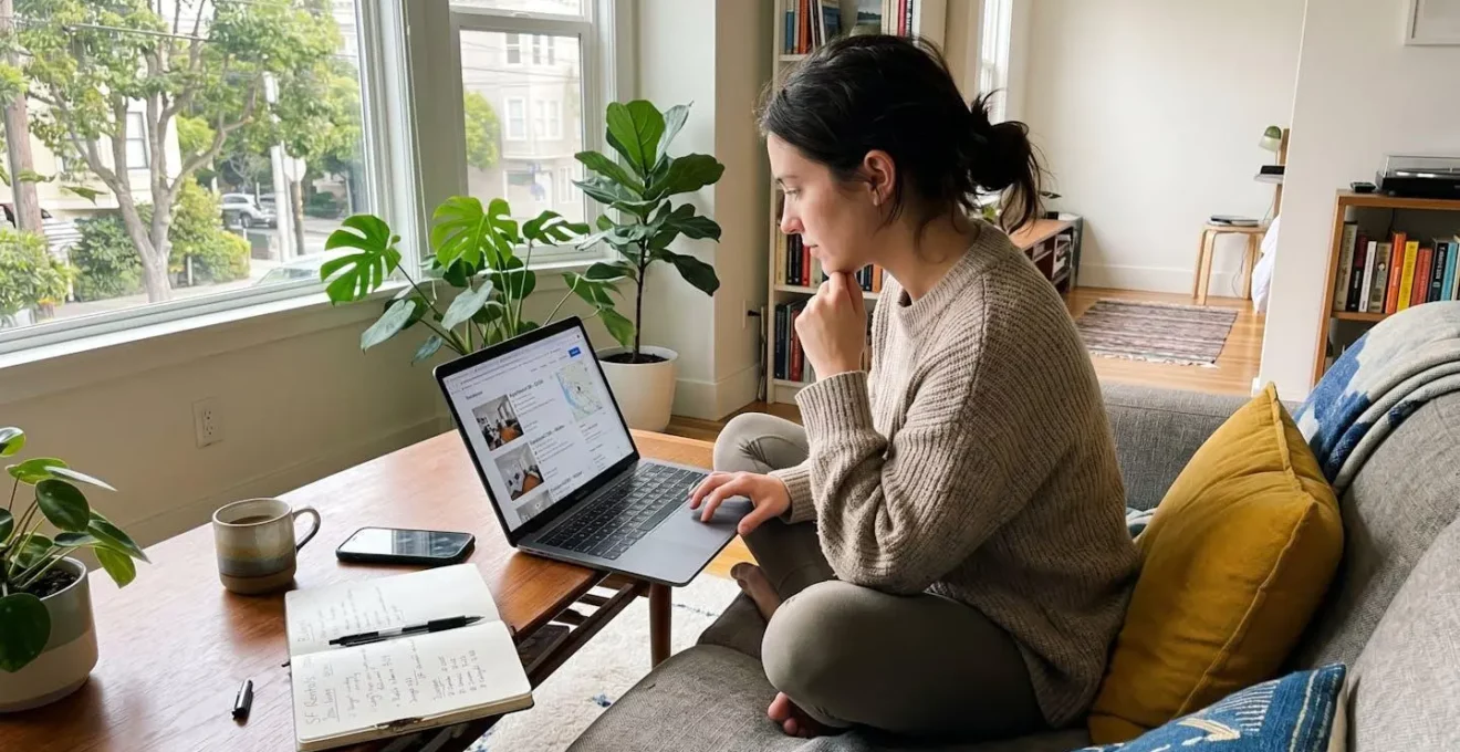 Un jeune adulte consulte des annonces de location sur son ordinateur portable dans un salon lumineux, avec un carnet de notes et un smartphone posés à côté
