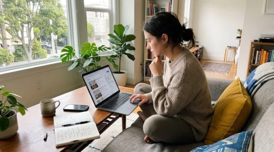 Un jeune adulte consulte des annonces de location sur son ordinateur portable dans un salon lumineux, avec un carnet de notes et un smartphone posés à côté