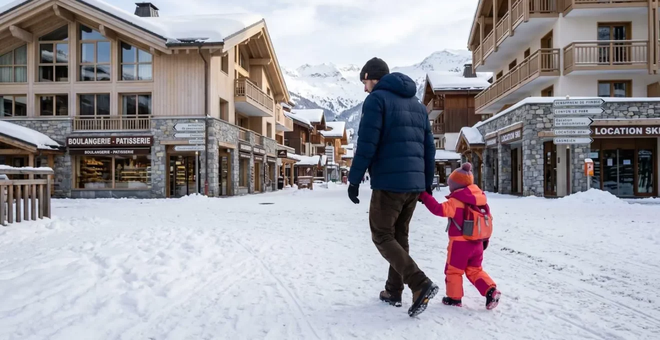 Parent et enfant marchant ensemble dans une rue enneigée d'un village alpin en tenue d'hiver, vus de dos