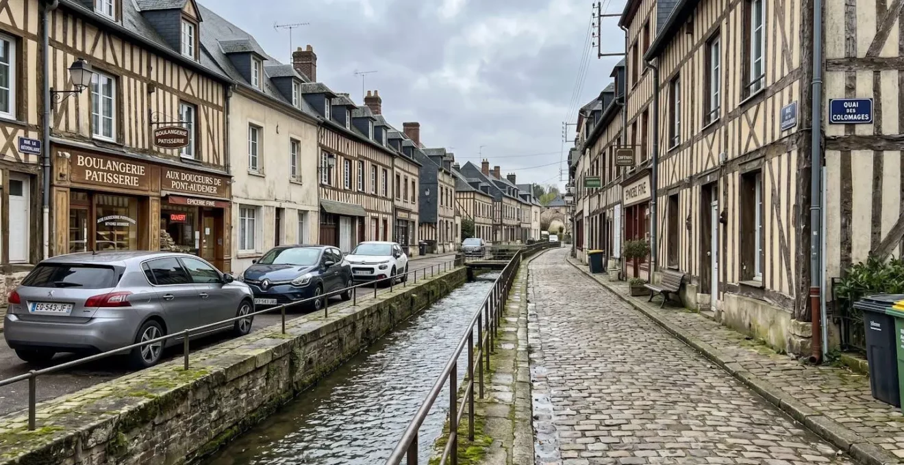 Rue de Pont-Audemer avec maisons à colombages traditionnelles et canal traversant le quartier historique