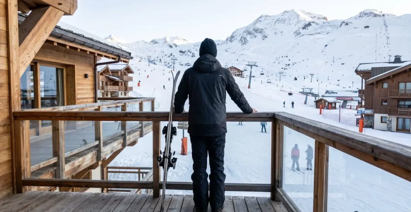 Personne en tenue de ski sur le balcon d'un chalet alpin, face aux pistes enneigées situées à proximité immédiate