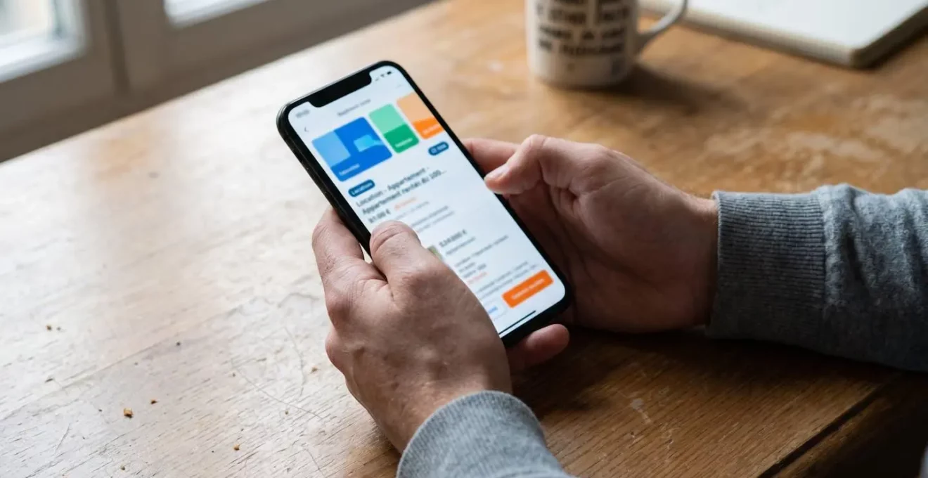 Gros plan sur une main tenant un smartphone affichant une annonce de location immobilière, avec un geste de vérification suggérant la vigilance