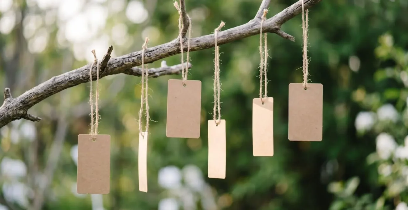 Branche horizontale avec six étiquettes en papier kraft vierge suspendues par des ficelles à différentes hauteurs sur fond de verdure floue