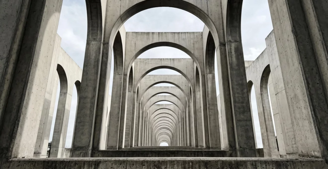 Vue en contre-plongée d'une succession de portiques architecturaux en béton alignés en perspective créant un corridor monumental