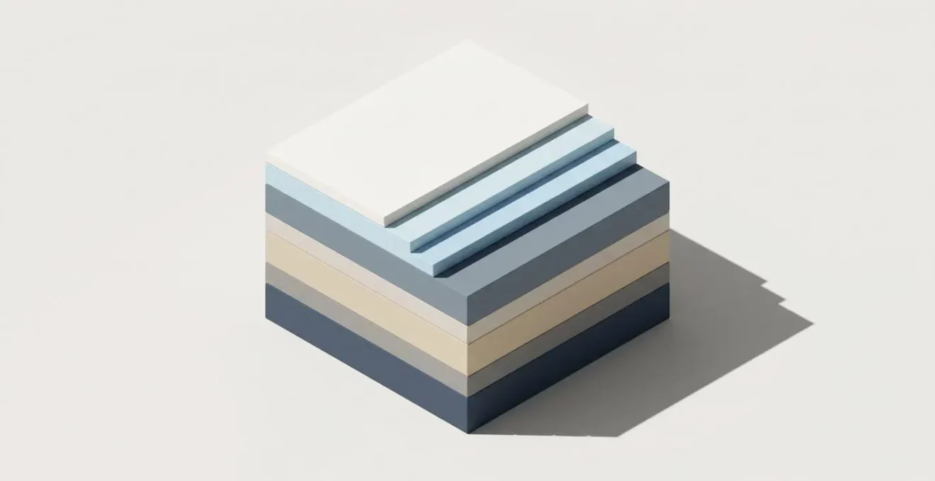 Illustration 3D isométrique d'un bloc en coupe révélant six couches horizontales stratifiées de couleurs variées symbolisant les différents postes de frais