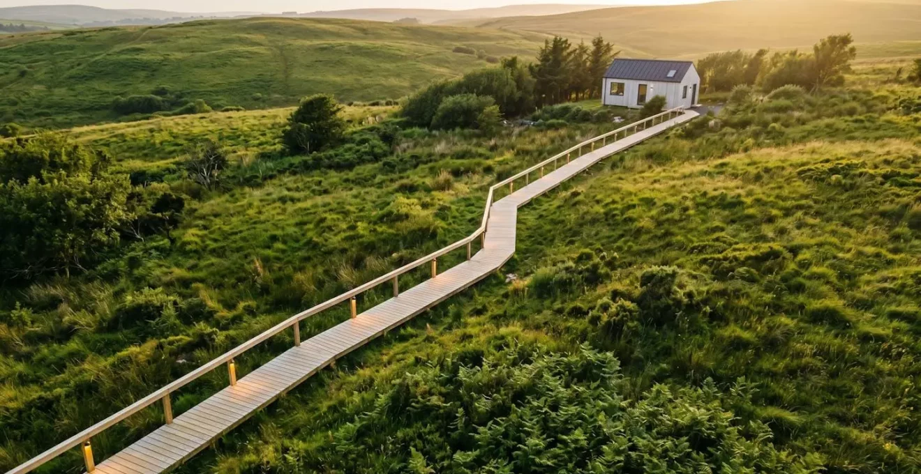 Vue aérienne d'un chemin pavé en bois traversant un paysage de collines vertes avec des balises lumineuses espacées menant vers une maison moderne
