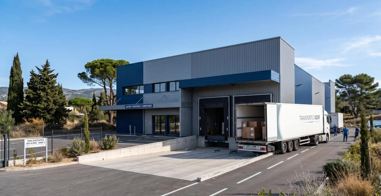 Entrepôt logistique moderne avec quai de déchargement et camion à quai dans une zone d'activités des Alpes-Maritimes, façade métallique contemporaine, végétation méditerranéenne en arrière-plan