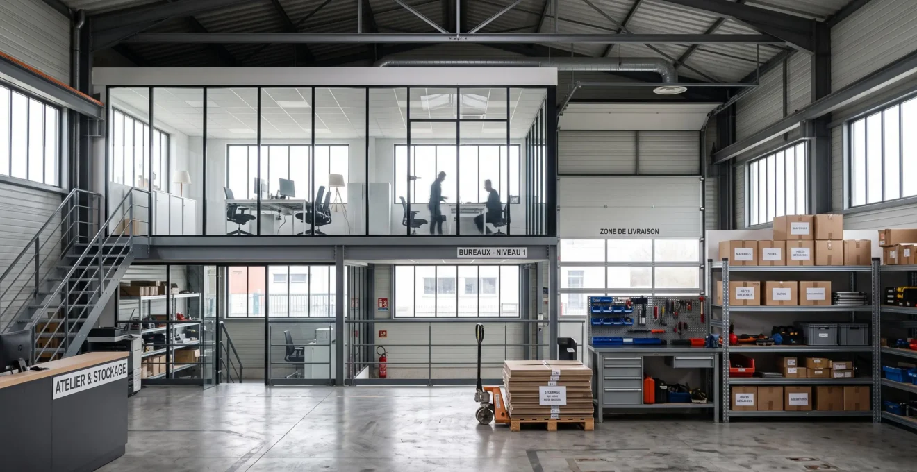 Intérieur d'un local professionnel mixte avec zone atelier au sol béton et espace bureaux vitré en mezzanine, structure métallique apparente, hauteur sous plafond généreuse
