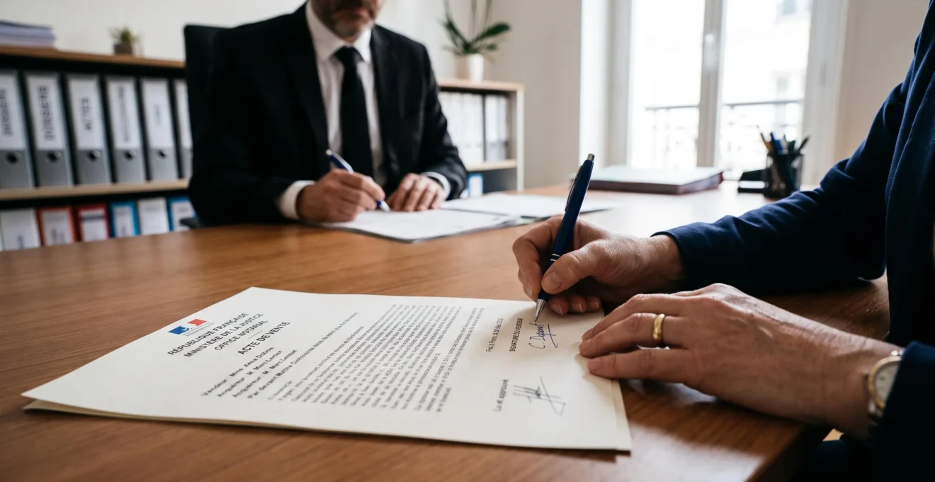 Mains d'un acquéreur signant un acte notarié sur bureau contemporain lors de la finalisation d'une acquisition immobilière professionnelle, silhouette de notaire en arrière-plan