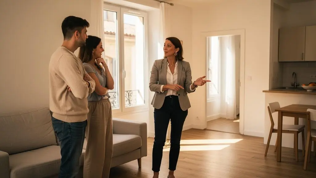 Agent immobilier montrant un appartement à un couple de visiteurs dans un logement résidentiel narbonnais