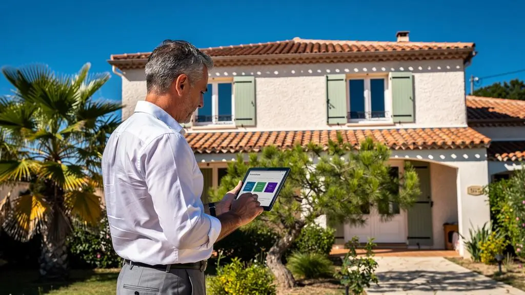 Agent immobilier réalisant une estimation extérieure d'une villa méditerranéenne typique à Canet-en-Roussillon
