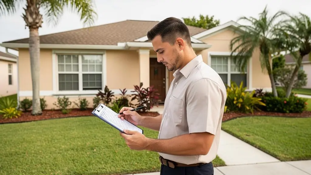 Gestionnaire immobilier effectuant une inspection de routine devant une propriété locative résidentielle en Floride