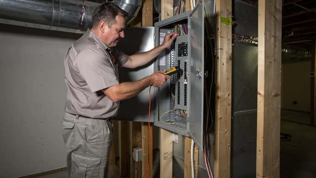 Inspecteur immobilier professionnel réalisant une inspection technique à l'intérieur d'une maison résidentielle américaine