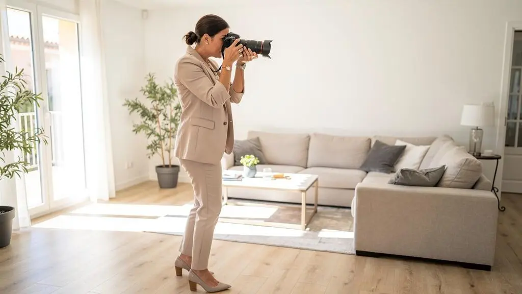 Agente immobilière photographiant l'intérieur d'un bien pour réaliser l'annonce immobilière professionnelle