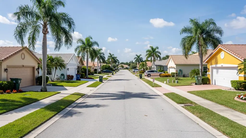 Rue de quartier résidentiel en Floride avec alignement de maisons unifamiliales et végétation tropicale