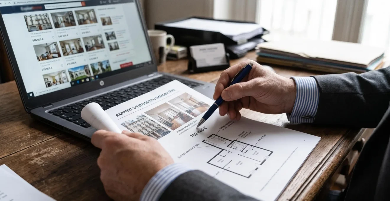 Un expert immobilier compare un rapport d'évaluation imprimé avec des données affichées sur un écran d'ordinateur.