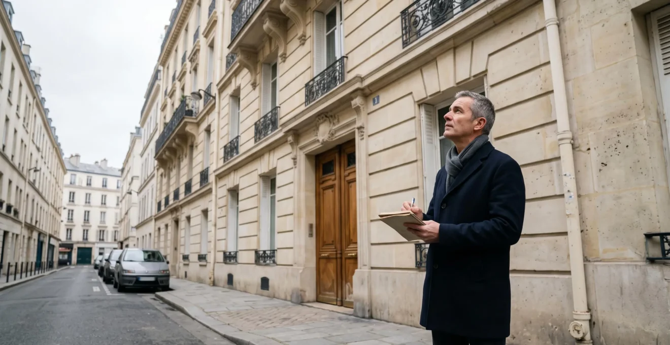 Un expert immobilier observe la façade d'un immeuble haussmannien depuis la rue en prenant des notes.