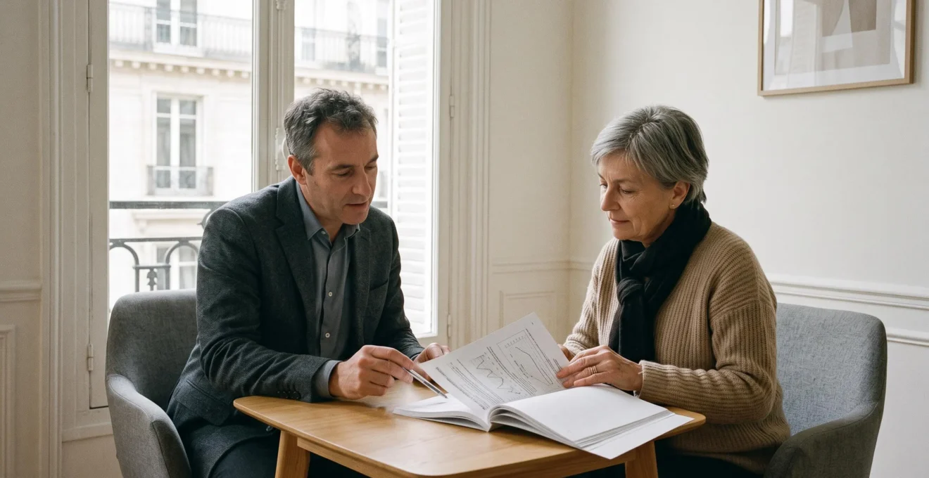 Un expert immobilier remet un rapport d'expertise à une propriétaire lors d'un rendez-vous dans un bureau.