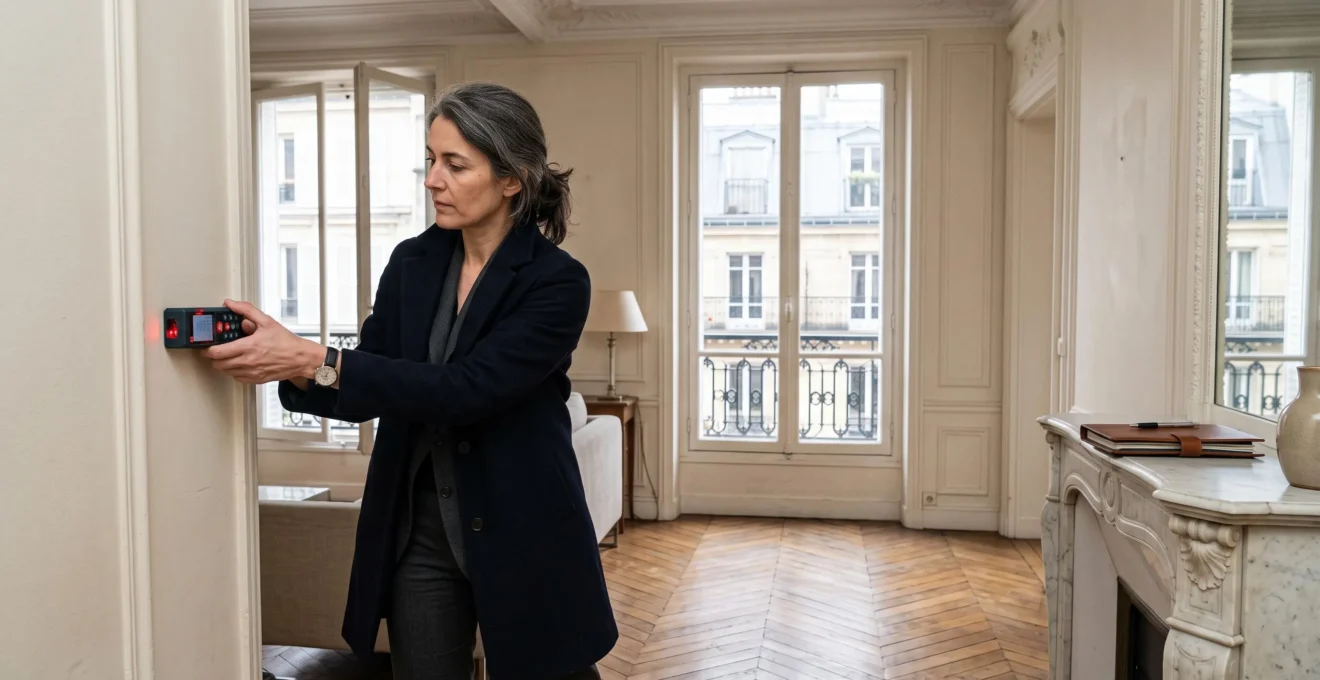 Une experte immobilière mesure une pièce d'un appartement haussmannien à Paris avec un télémètre laser.